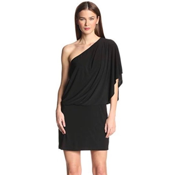 One Shoulder Black Solid Mini Dress - Picture 1 of 5